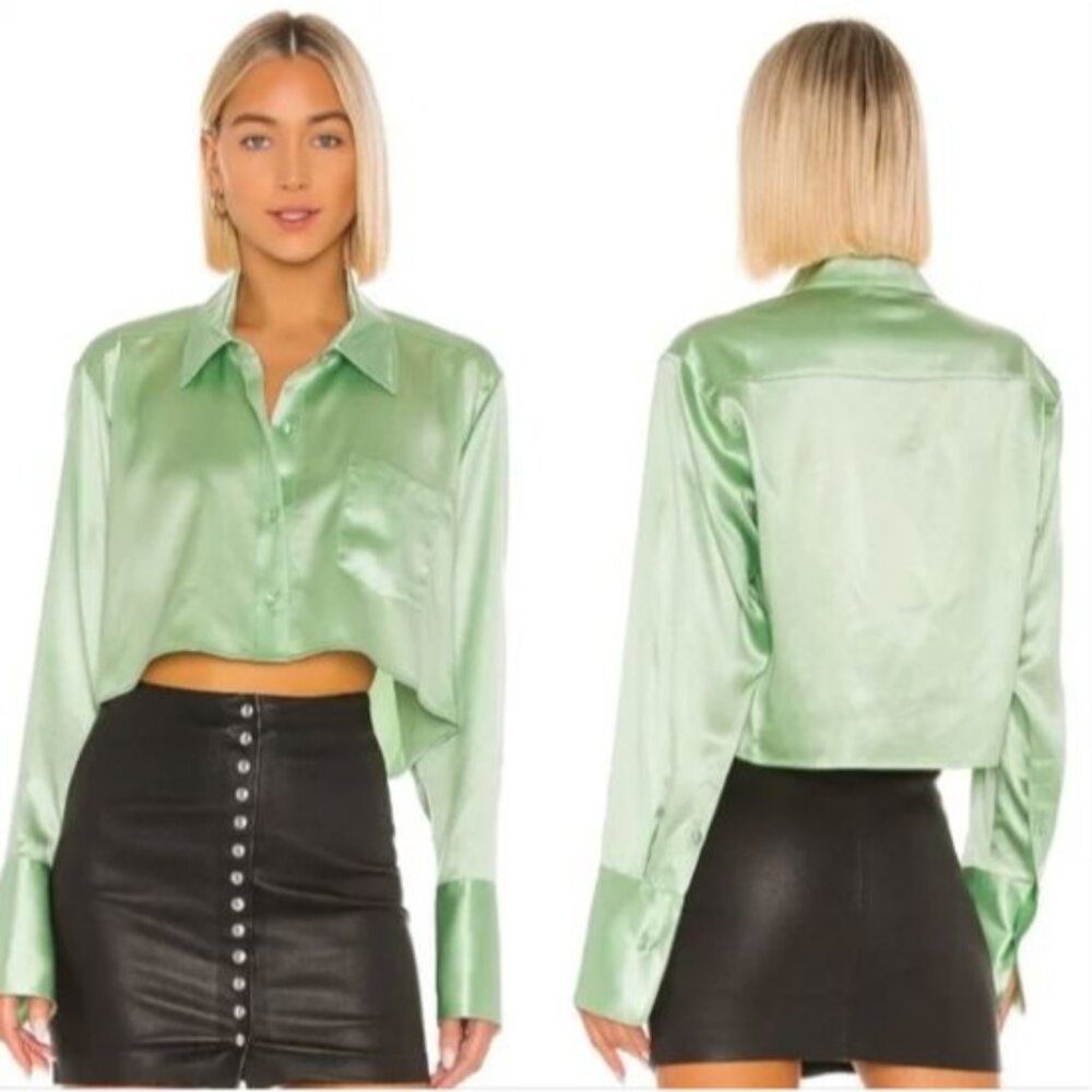 Alexander Wang Womens XS Top Wet Shine Wash & Go Cropped Button Down in Mint‎